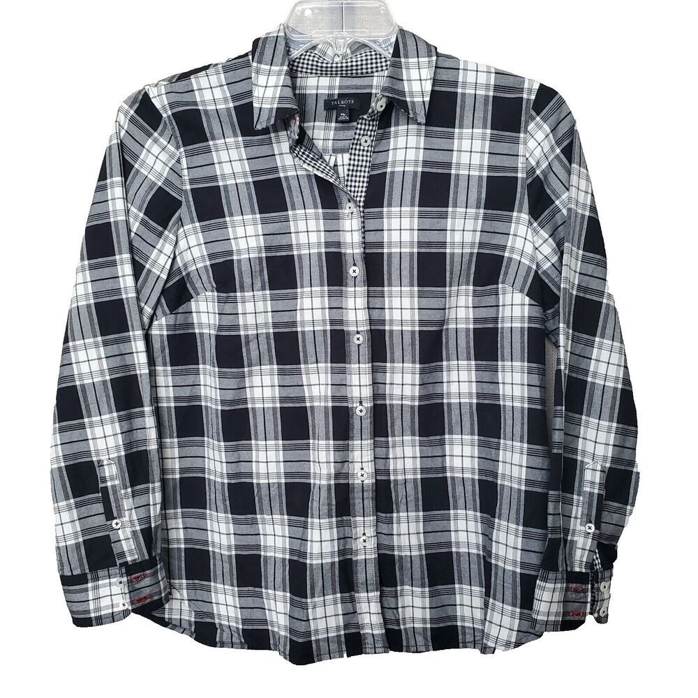 Talbots Petite Black Plaid 100% Cotton Button-Up Shirt Size MP